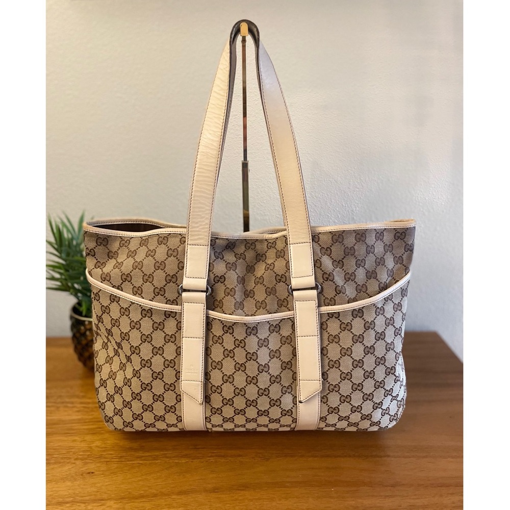 GUCCI GG Logo Large Bag Canvas Cream Leather 💯 AUTHENTIC